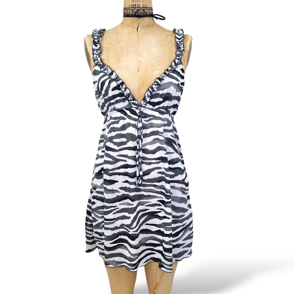 Y2K 2000s Coquette Chemise Zebra‎ Print Semi Sheer Ruffle Straps Size M L